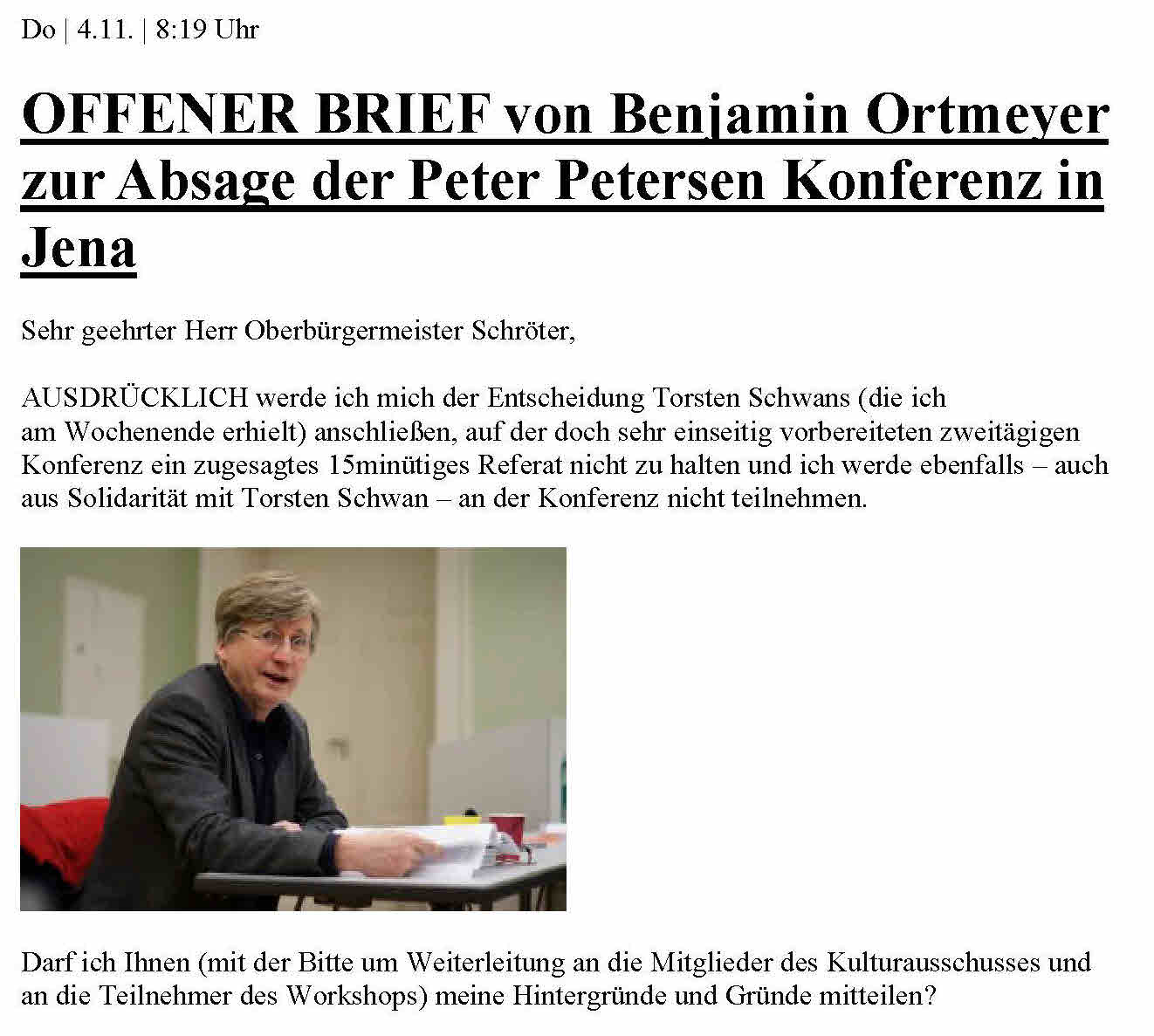 OFFENER BRIEF von Benjamin Ortmeyer zur Absage der Peter Petersen Konferenz in Jena